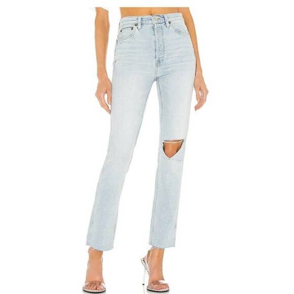 RE/DONE 80's Slim Straight Ripped Knee Jeans in Icy Blue Size 26 NWT - Picture 1 of 9